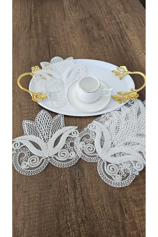 Set of 6 Coffee Side Stylish Presentation Napkins with Tulle Guipure