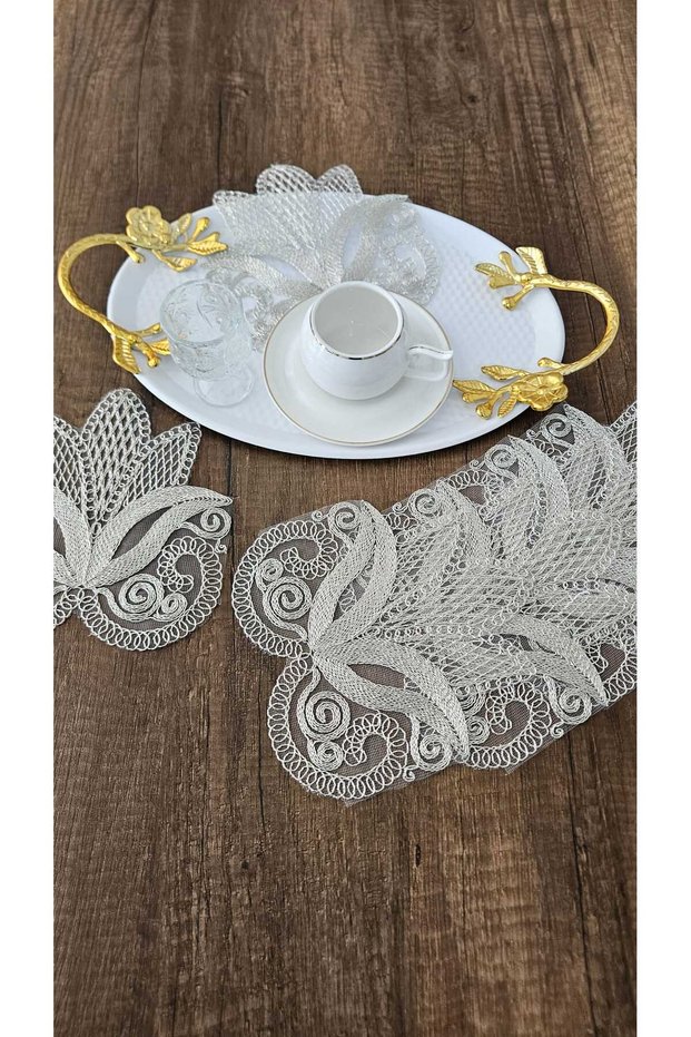 Set of 6 Coffee Side Stylish Presentation Napkins with Tulle Guipure