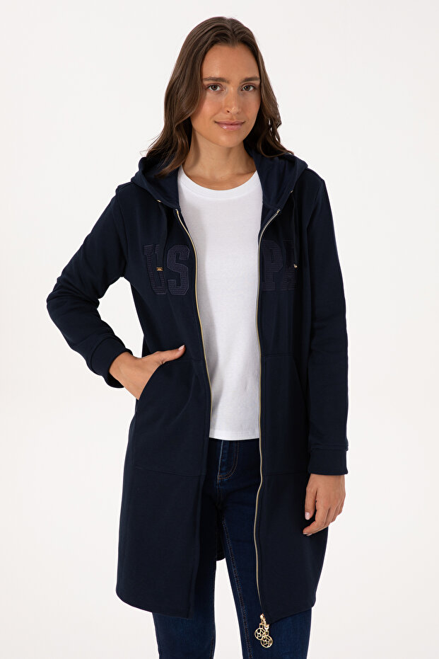Women's Navy Blue Long Zippered Hooded Basic Sweatshirt 50307724-Vr033