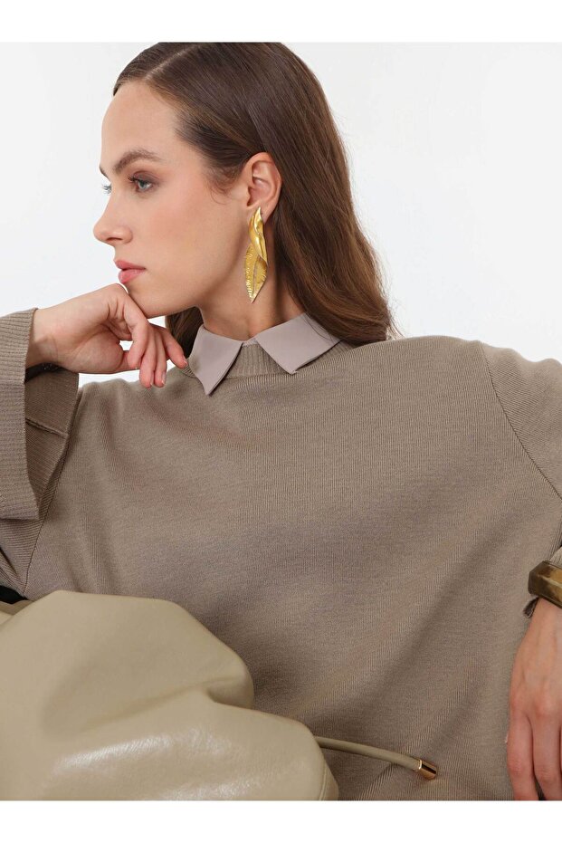 Basic Rahat Kalıp Triko Tesettür Elbise - Vizon - - 3