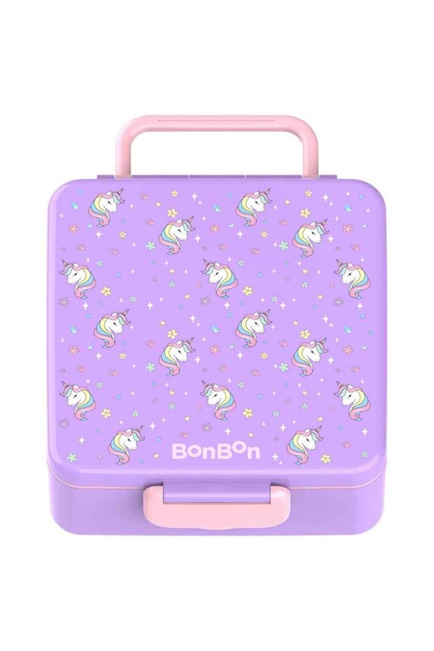 - Functional 3-4 Compartment Leakproof Lunchbox with Cutlery and Food Jar - Purple Unicorn