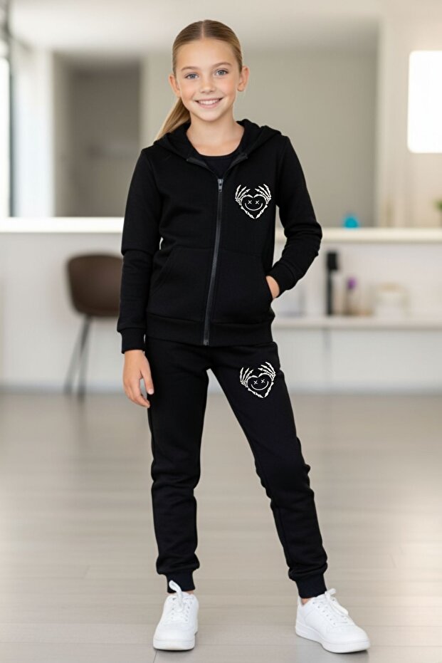 Girl's Printed Hooded Zippered Tracksuit Set