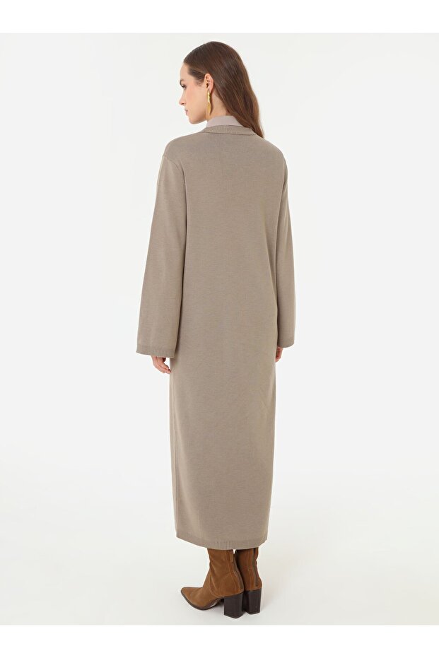 Basic Rahat Kalıp Triko Tesettür Elbise - Vizon - - 6