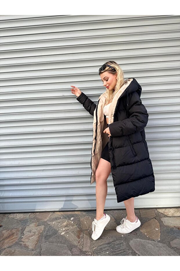 oversize çift taraflı uzun şişme mont - 7