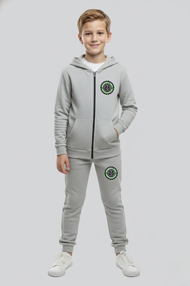 Unisex Children Printed Hooded Zippered Tracksuit Set