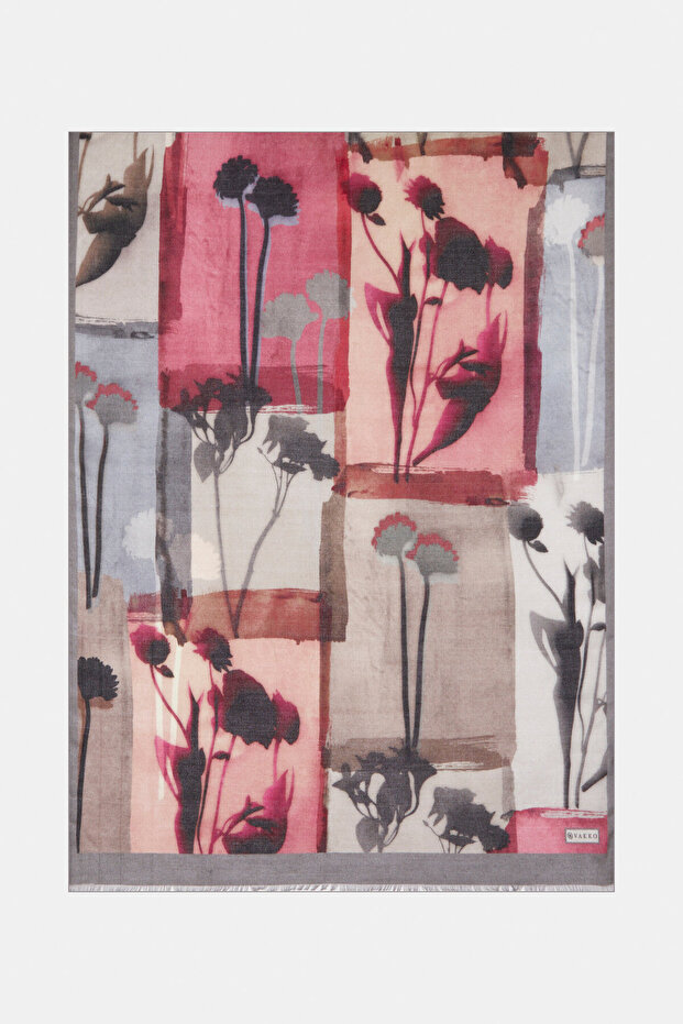 شال من الصوف/الحرير بنقشة الزهور الفضية - 1