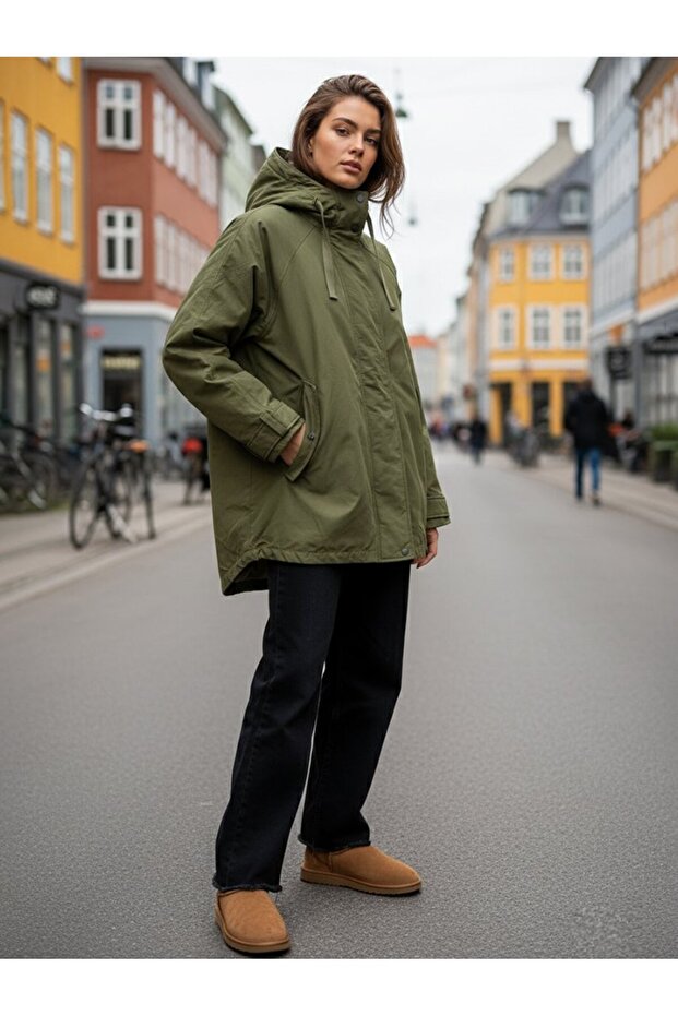 Kapüşonlu Basic Önü Fermuarlı Yeşil Mont - 1
