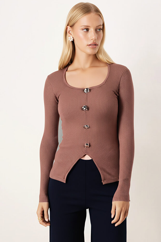 Women's Light Brown U-Neck Button Detailed Front Slit Soft Textured Blouse Arm-26K001038