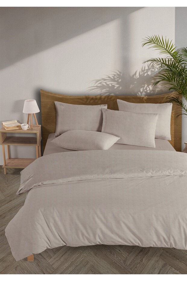 Line 100% Cotton Ranforce Akay Beige Yarn Dyed Duvet Cover Set Double Size - 200X220 cm