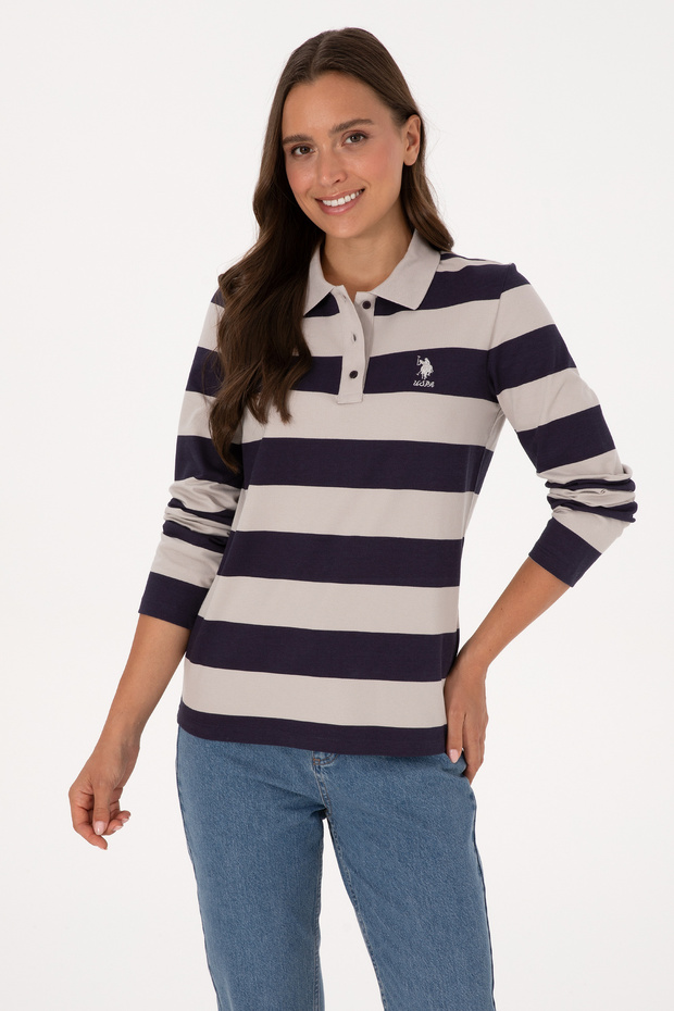 Women's Plum Striped Polo Neck Sweatshirt 50314207-Vr074