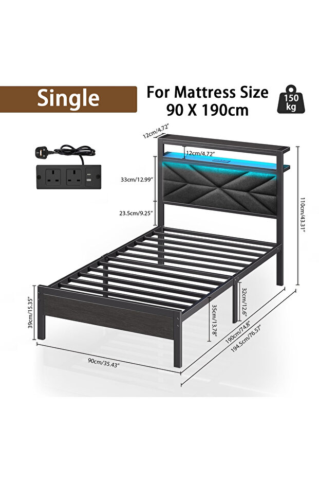 90cm wide LED Storage Bed Frame with Charging Station, Upholstered Headboard