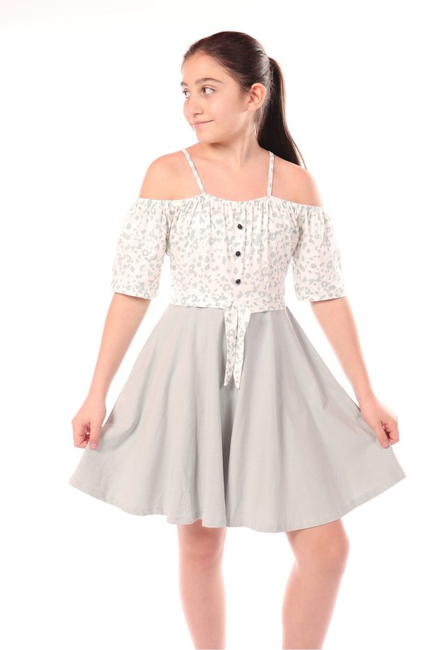 Girl's Regular Fit Carmen Collar Short Sleeve Suspender Dress - Color Block