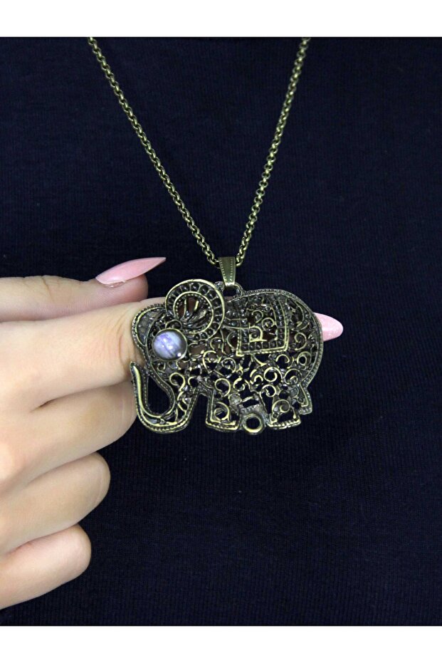 Natural Stone Moonstone Natural Stone Elephant Model Antique Women's Necklace Euk43Ay