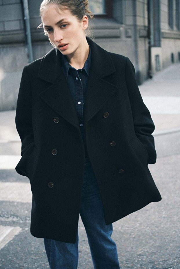 Double-breasted twill coat