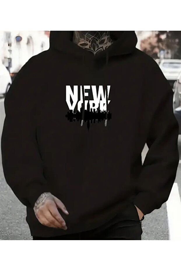 New York Printed Hooded Black Sweatshirt