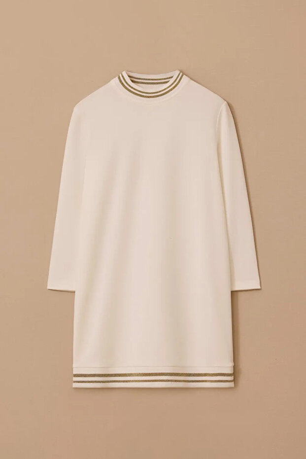 Kadın Şerit Detaylı Basic Tunik - Ekru - 1