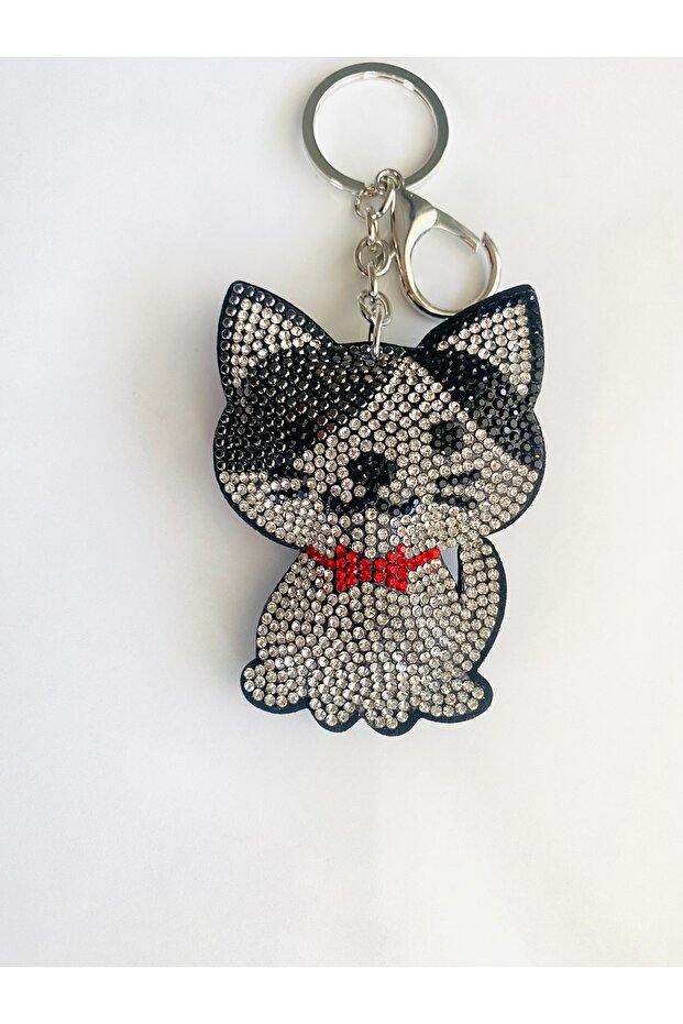 Keyring and Bag Accessory Keyring with Cat Figure and Black and White Stones on It