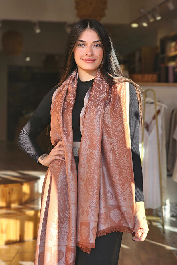 Kiremit Ağaç İpeği Baş Örtüsü Şal - 4