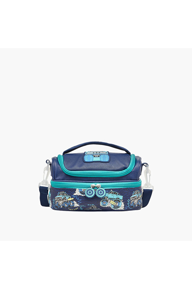 Monster Vehicle Print Double Layer Lunch Bag with Zip Closure