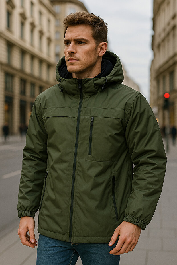 Men's Hooded Pocket Detailed Fleece Lined Winter Coat 2540 Khaki