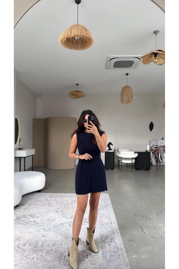 Lacivert Basic Krep Joker Elbise - 5