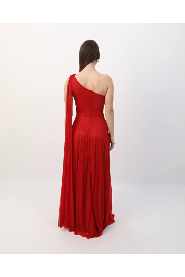 Tek Omuzlu Pliseli Simli Tül Elbise - 2