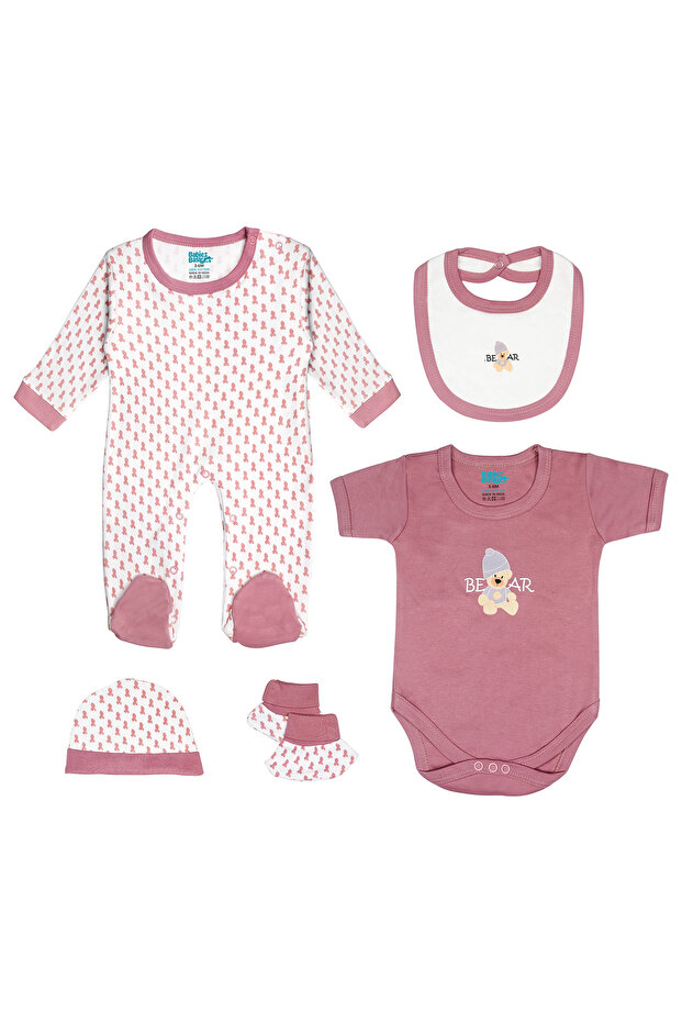 5 piece Sets include Bib, Romper, Mittens, Cap and Sleepsuit, 6-9 Months