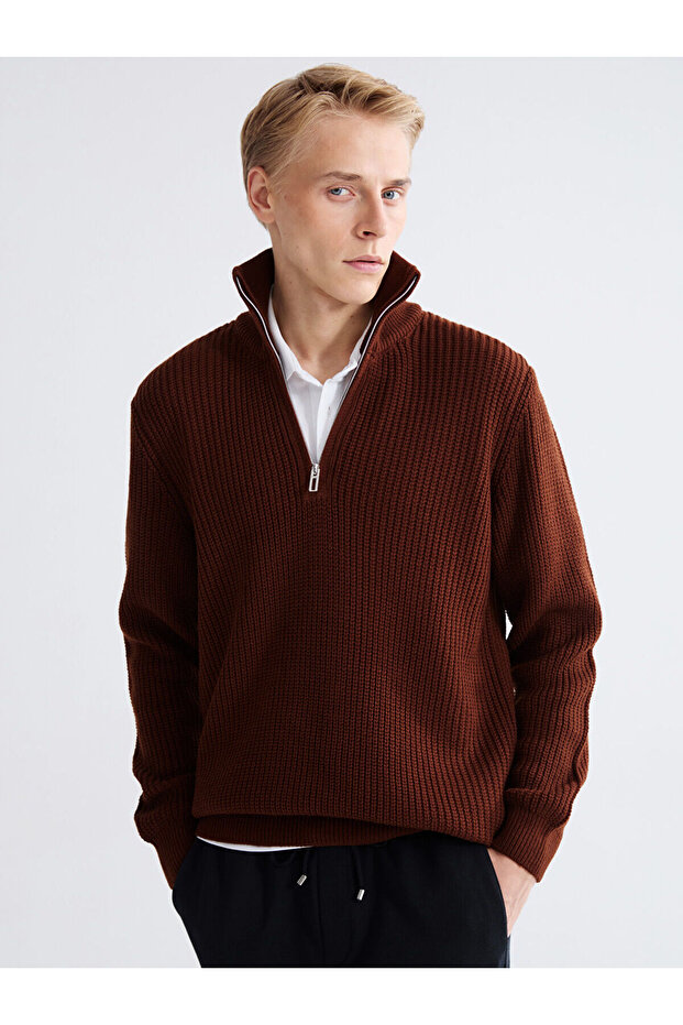 Zippered Stand Collar Men's Knitwear Sweater