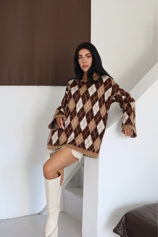 Zero-Neckline Diamond-Patterned Standard Size Suitable for Sizes S to 2XL, Soft and Medium-Length Draped Sweater with a Beard-Like Texture. - 6