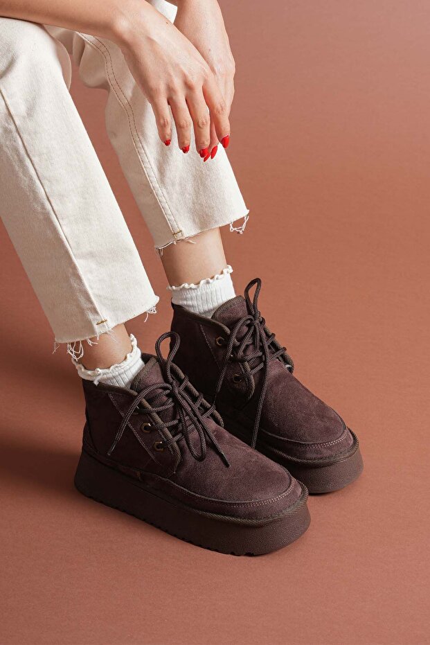 Kalın Taban Bağcıklı Kürklü Kadın Bot - 3