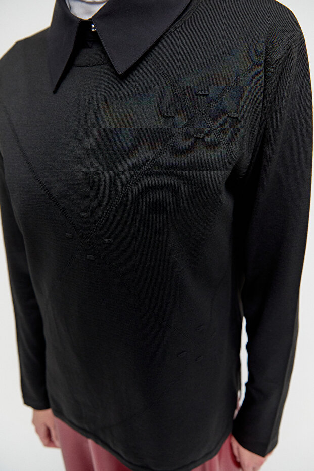 Parçalı Yırtmaçlı Triko Bluz - 6