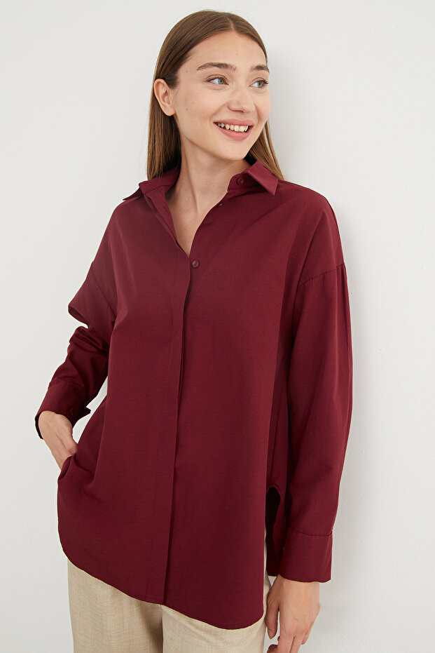 Basic Yırtmaçlı Oversize Gömlek - 5