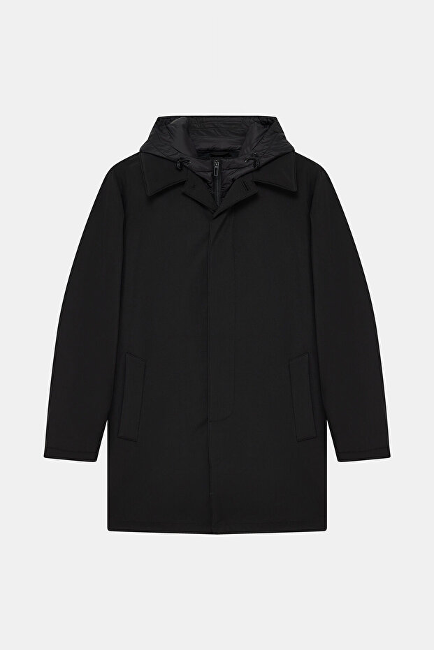 KAPUŞONLU SİYAH PARKA - 1