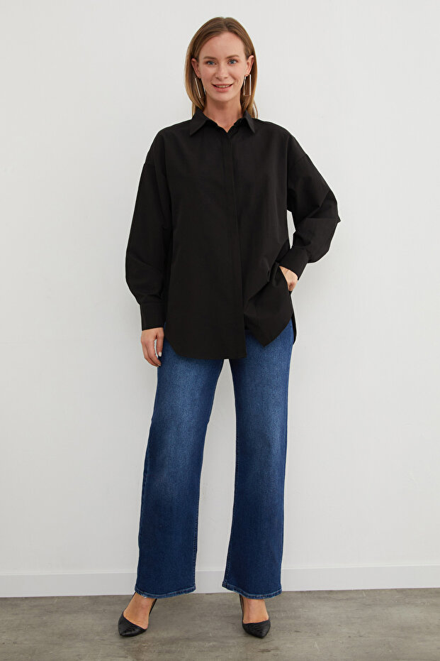 Basic Yırtmaçlı Oversize Gömlek - 6