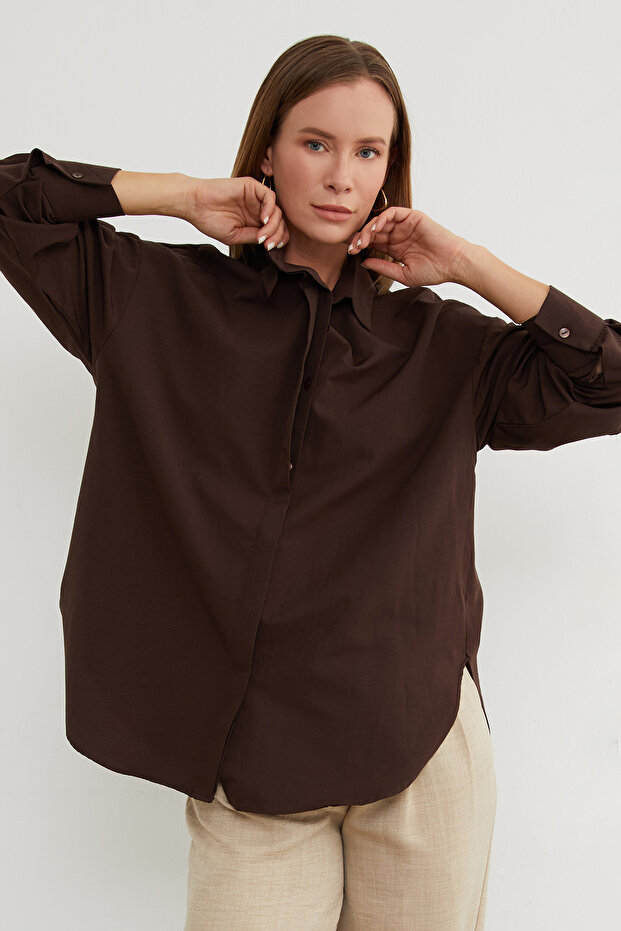 Basic Yırtmaçlı Oversize Gömlek - 7
