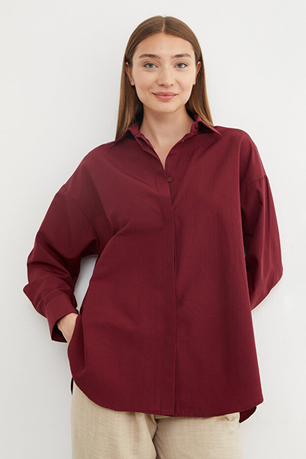 Basic Yırtmaçlı Oversize Gömlek - 1