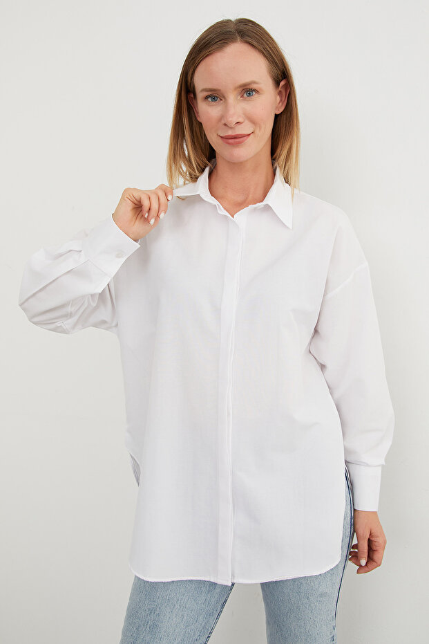 Basic Yırtmaçlı Oversize Gömlek - 5