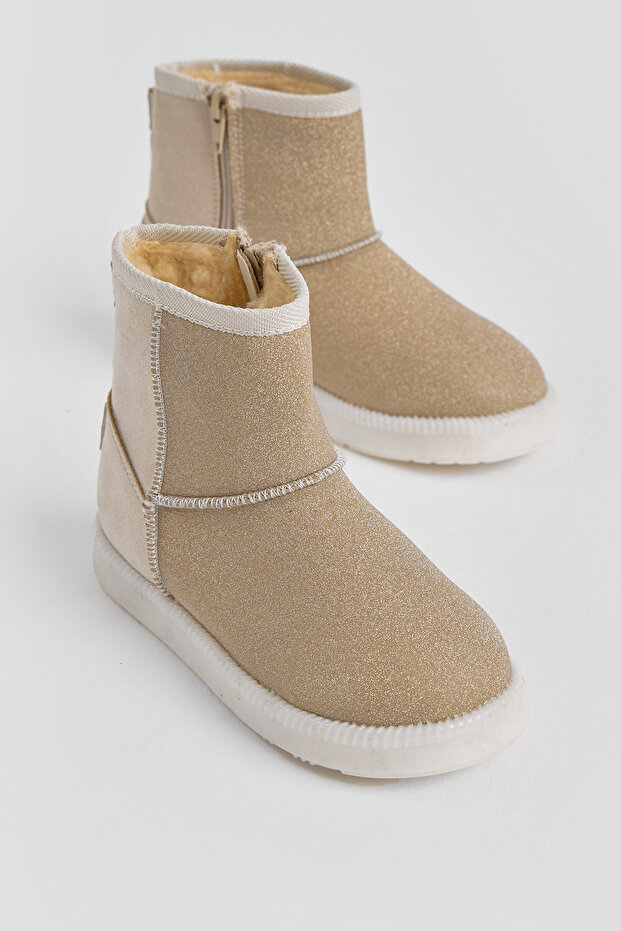 Girl's Beige Glitter Thermo Sole Suede Look Short Boots with Fur Inside