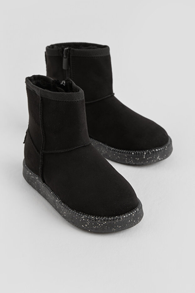 Girl's Black Thermo Sole Suede Look Short Boots with Fur Inside