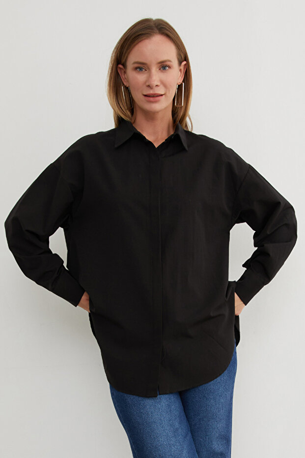 Basic Yırtmaçlı Oversize Gömlek - 7