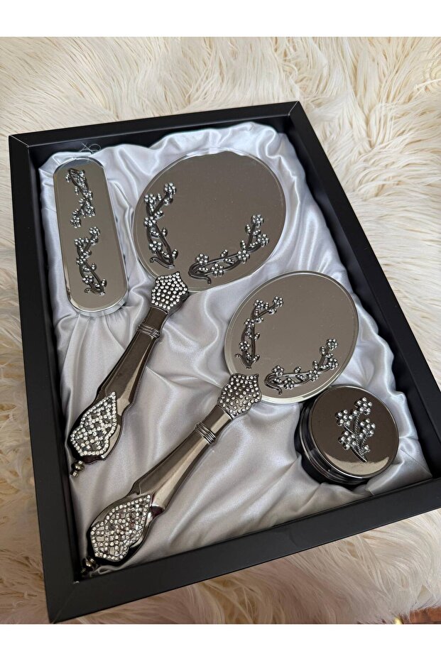 Silver Crystal Pearl Branch-Detail Bridal Mirror Comb Set – Luxurious Dowry Gift Boxed Premium Set