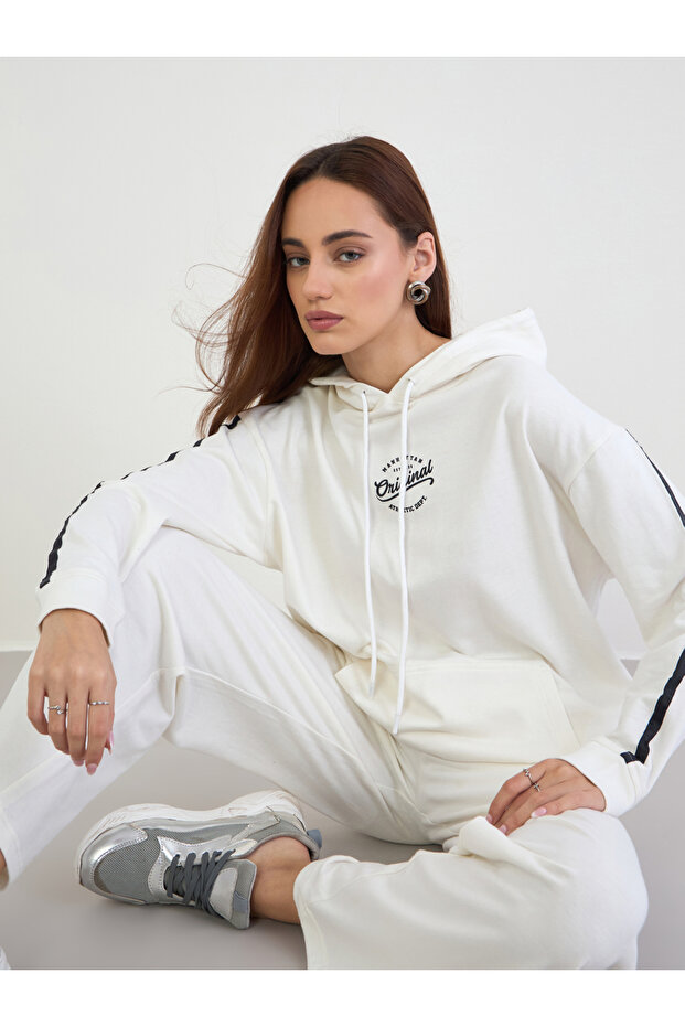 Off White Printed Longline Hoodie and Joggers Co-Ords