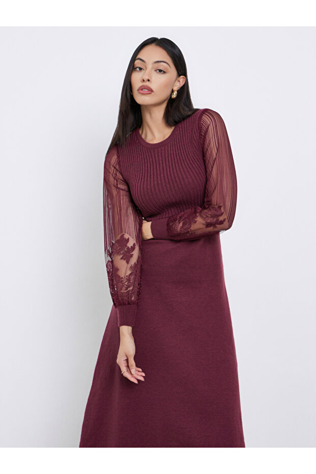 Maroon Lace Sleeve Knitted Sweater Midi Dress