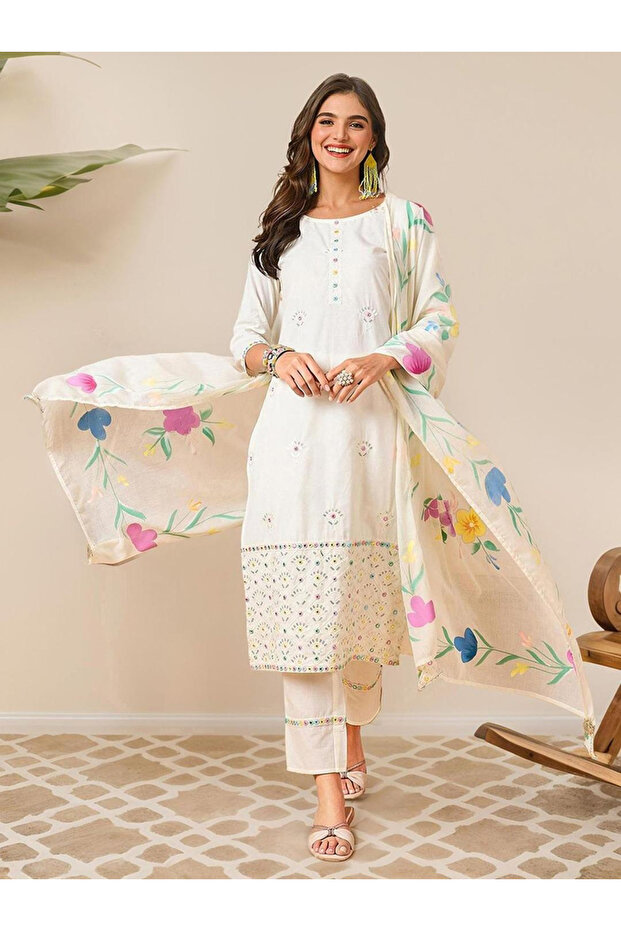 Off White Cotton Kurta with Pants and Dupatta Set
