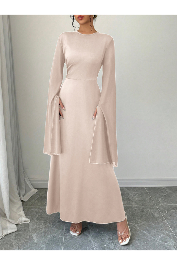 Solid Round Neck Split Sleeve Maxi Dress - 1