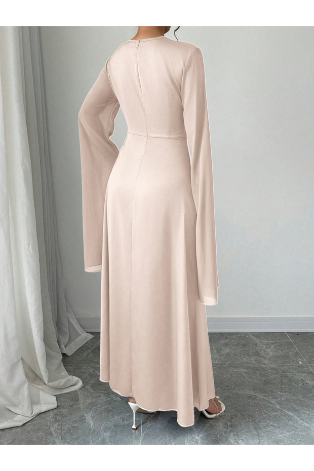 Solid Round Neck Split Sleeve Maxi Dress - 2