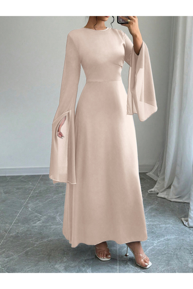 Solid Round Neck Split Sleeve Maxi Dress - 5