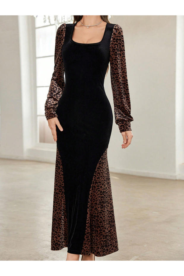 Black Animal Print Bodycon Maxi Dress