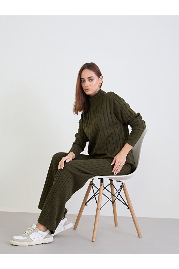 Olive Ribbed Knit Longline Sweater and Pants Co-Ords