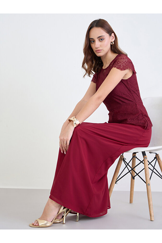 Women Maroon Lace Short Sleeves A-Line Maxi Dress